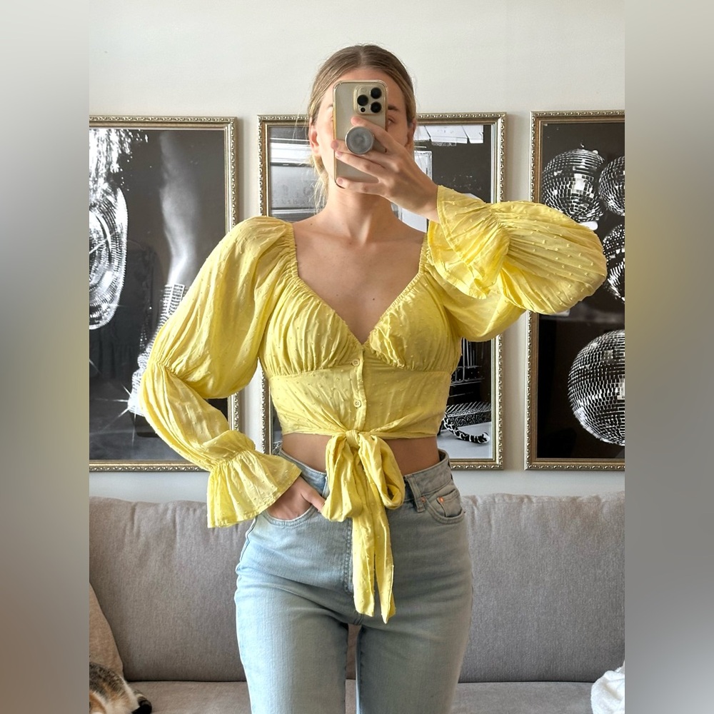 Verge Girl Ruched Flare Long Sleeve Tie Blouse